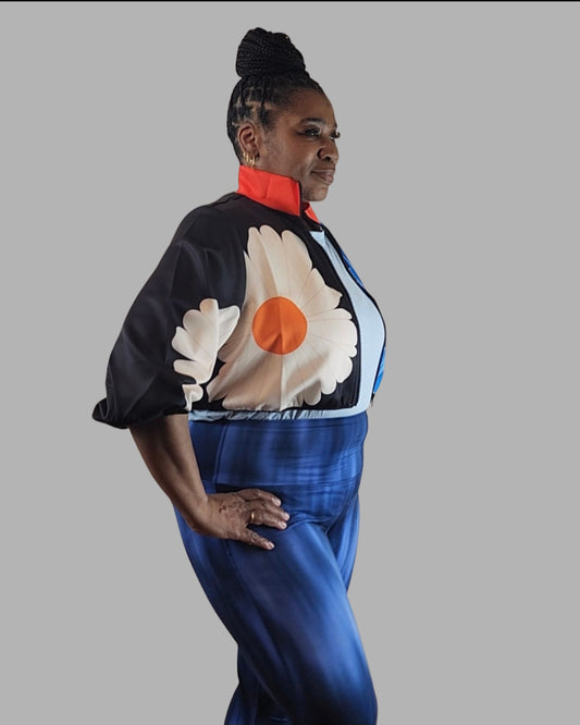 Womens Lightweight Color Flower Print Zipper Stand Collar Cropped Jacket Sweater