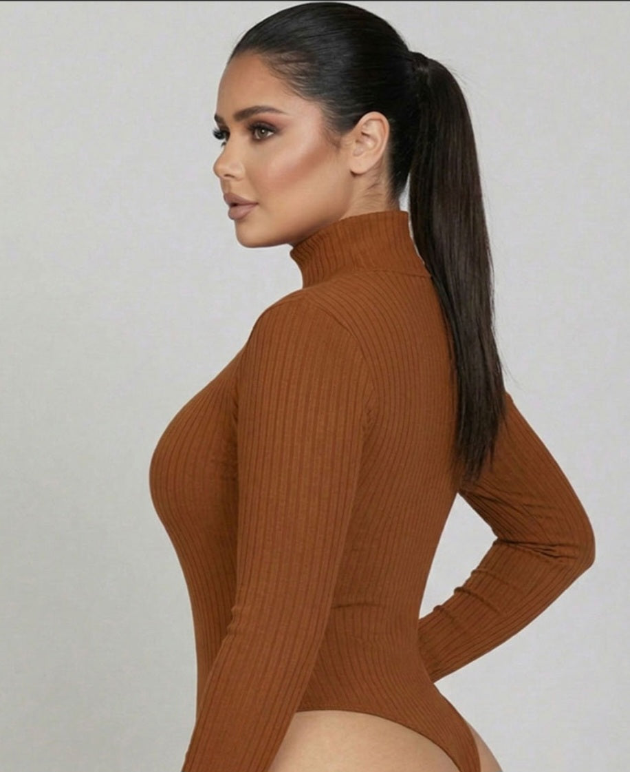 Plus Size Ribbed Turtle Neck Long Sleeve Stretch Bodysuit
