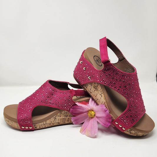 Rhinestone Cork Wedges Dark  Pink Crystal Sandal
