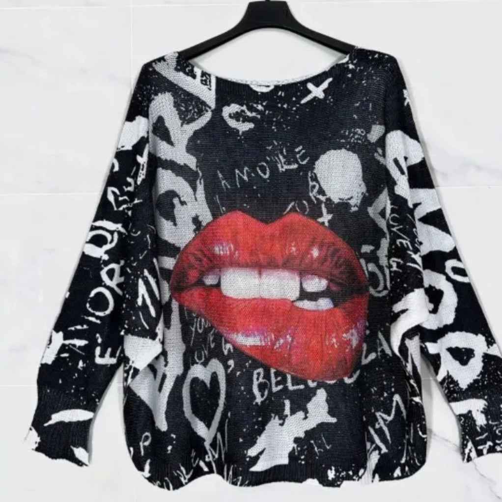 One Size Fits All  Relaxed fit Knit  Graphic Lips Sweater