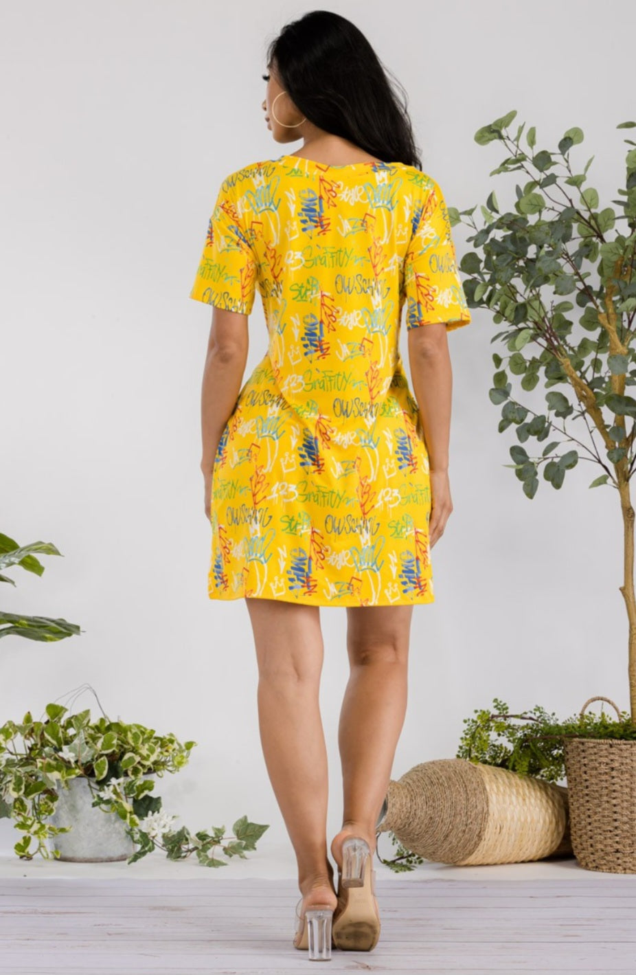Yellow Graffiti V-Neck Top & Stretch  Shorts Set