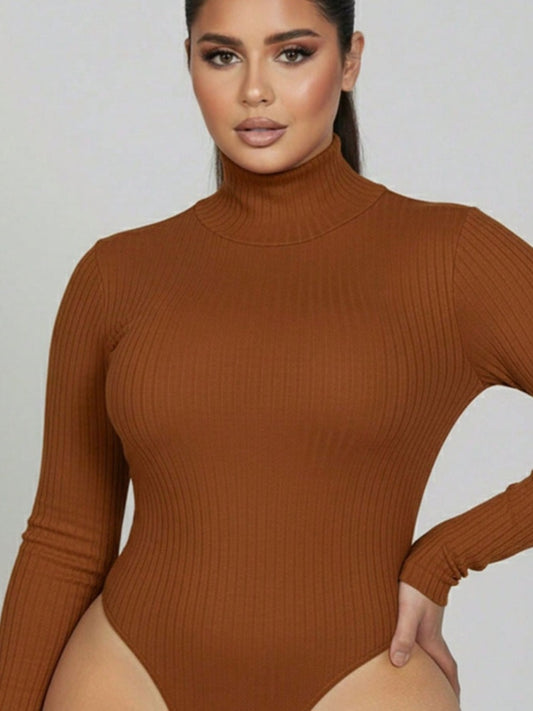 Plus Size Ribbed Turtle Neck Long Sleeve Stretch  Bodysuit