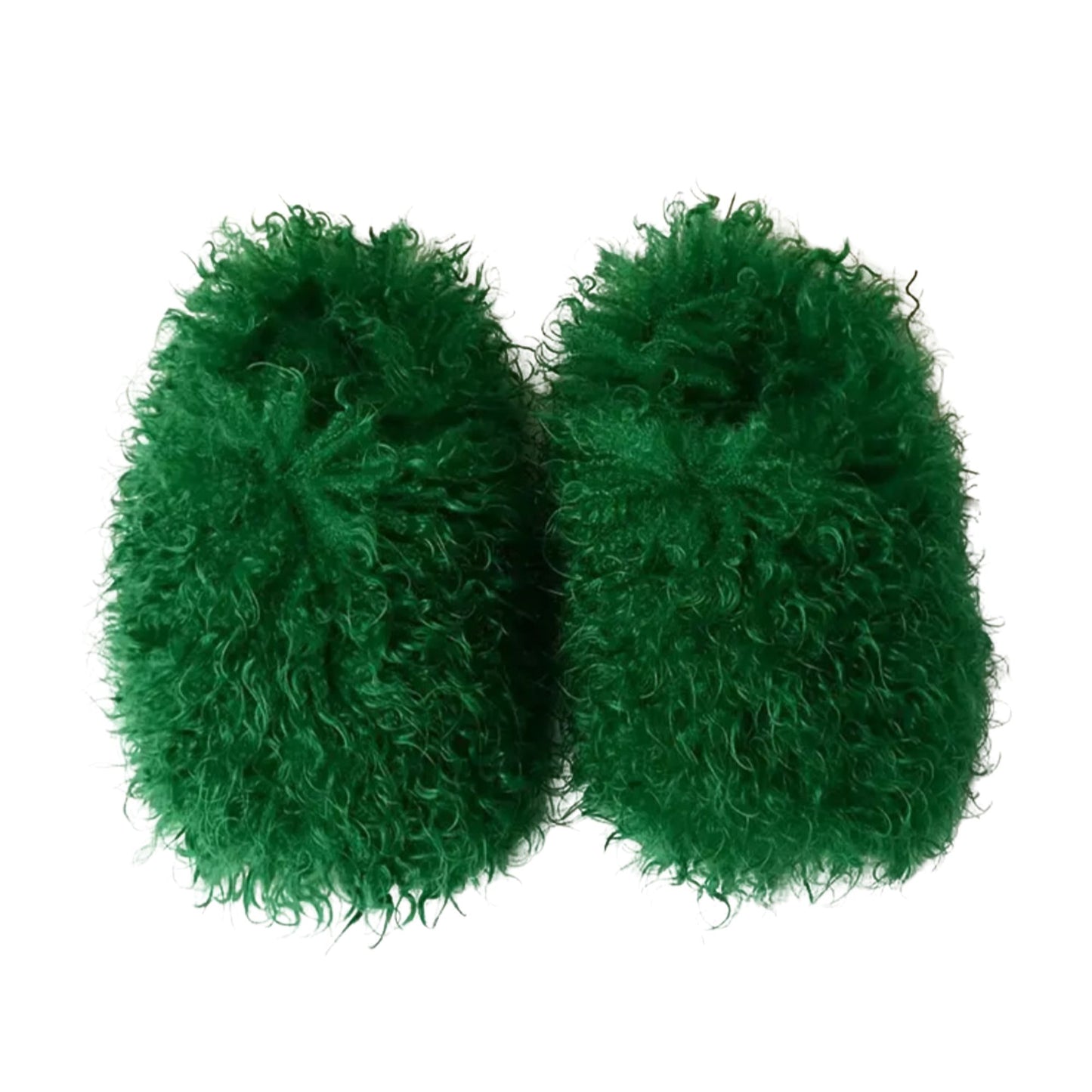 Pair of green fuzzy slippers on a white background