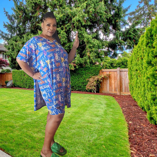 Blue Graffiti V-Neck Top & Shorts Set