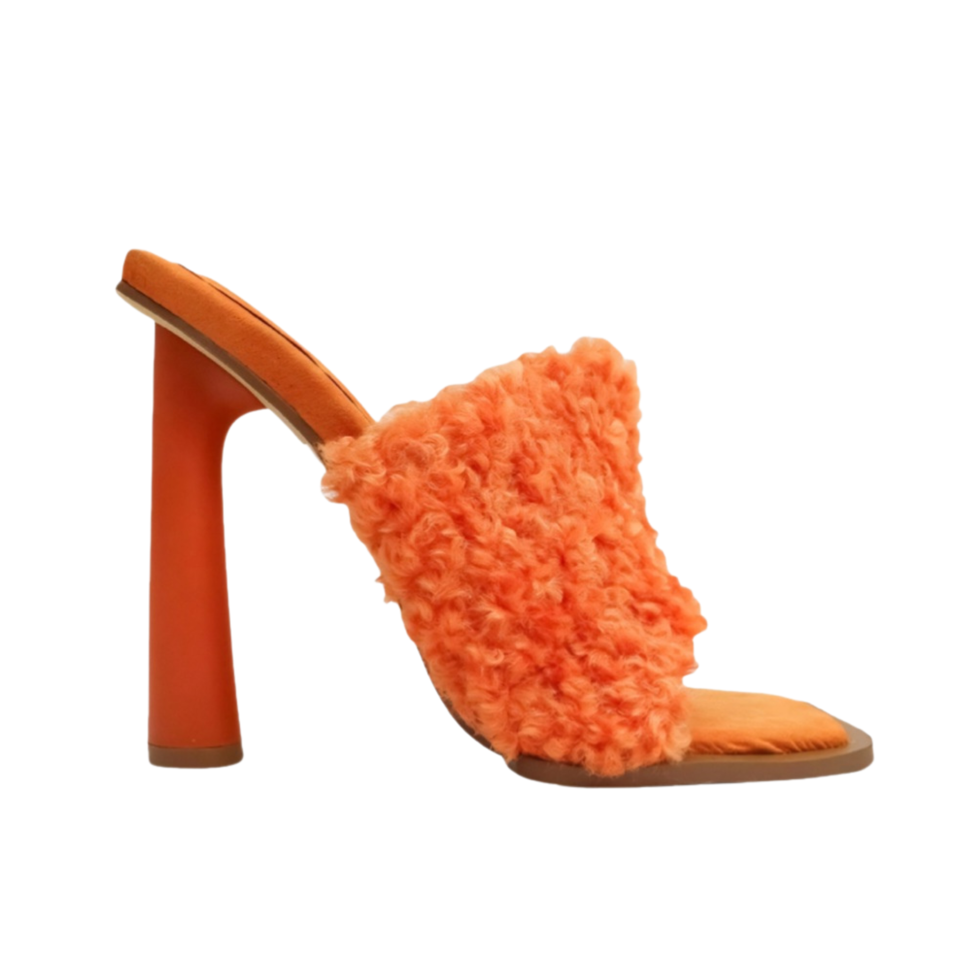 Orange high-heeled shoe with fluffy texture on a white background
