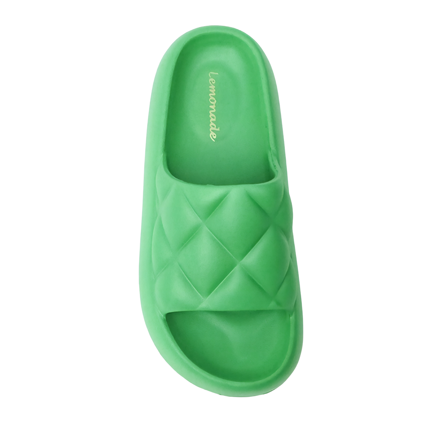 Green slide sandal with 'Lemonade' branding on a white background