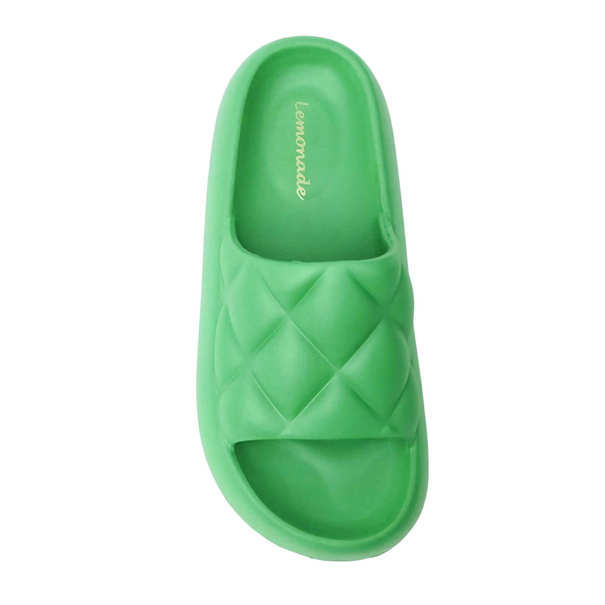 Green slide sandal with 'Lemonade' branding on a white background