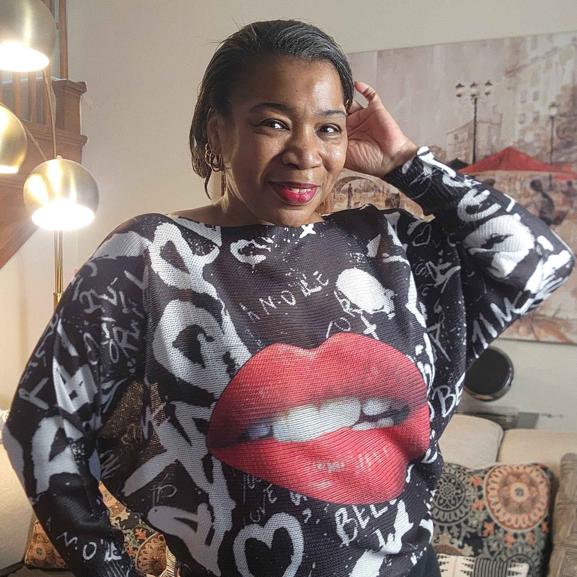 One Size Fits All  Relaxed fit Knit  Graphic Lips Sweater